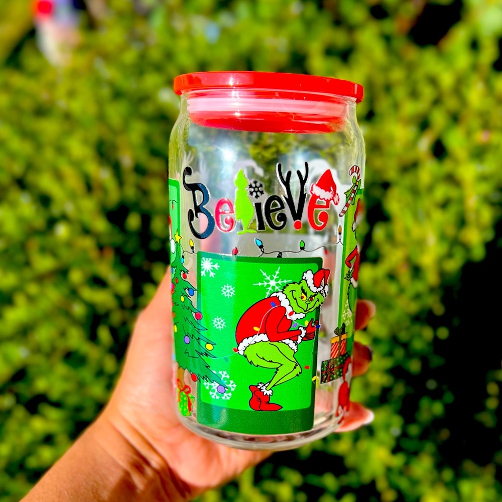 Believe Grinch 16oz Authentic Libby Glass Can with Bamboo Lid and Straw